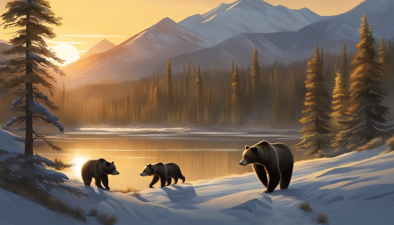 The grizzly bear hunter returning to camp after a successful hunt, with the sun setting in the background