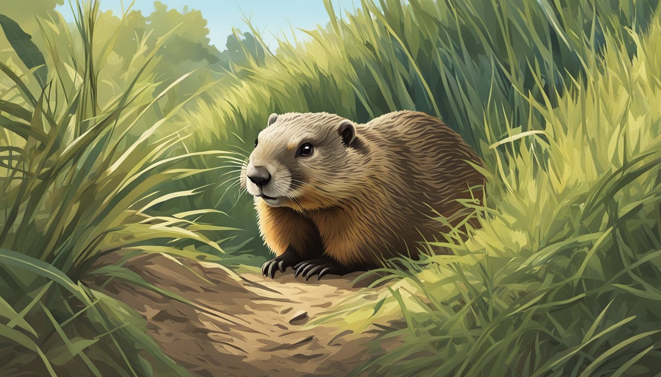 A groundhog peeks out of its burrow on a sunny day, surrounded by tall grass and bushes, while a hunter waits patiently nearby