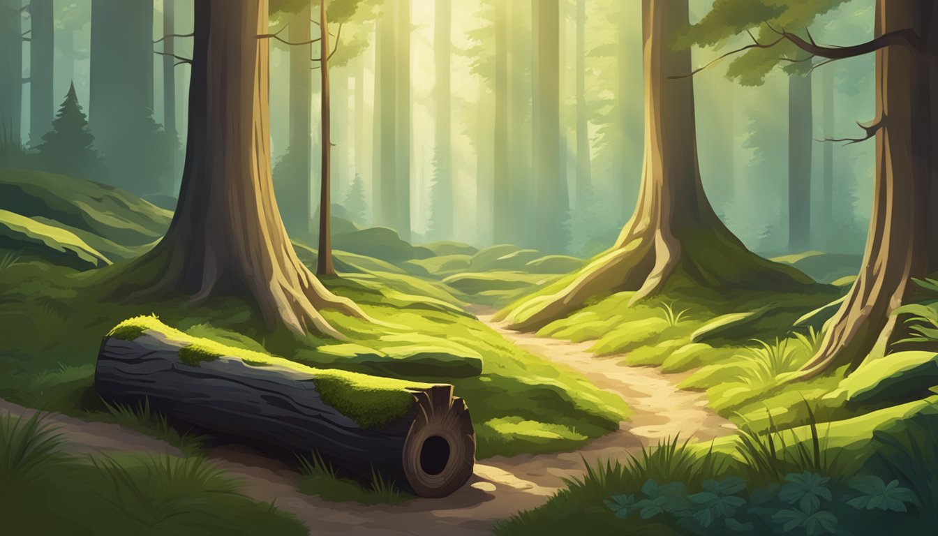 A serene forest clearing with a burrow nestled under a moss-covered log. Sunlight filters through the trees, casting dappled shadows on the ground