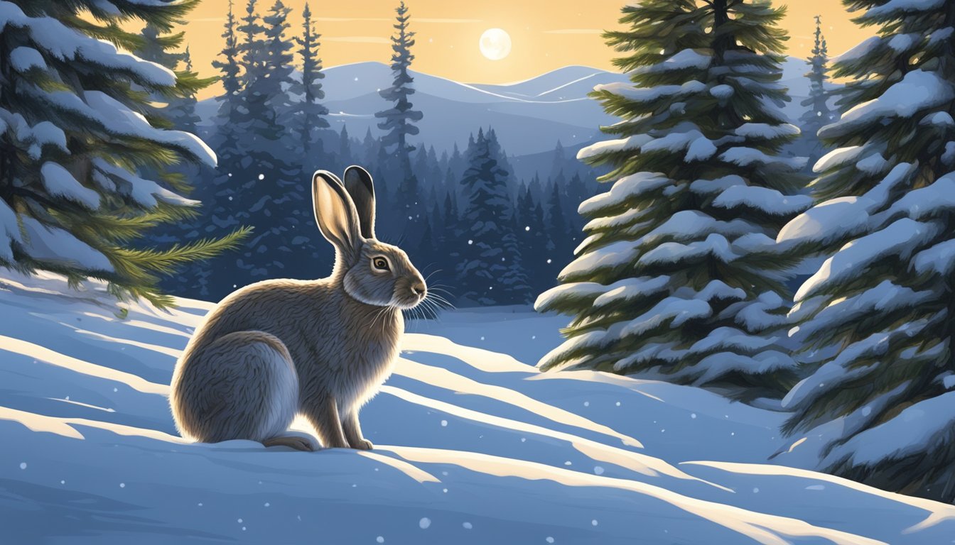 A snowshoe hare camouflaged against snow-covered ground, surrounded by coniferous trees under a clear, moonlit sky