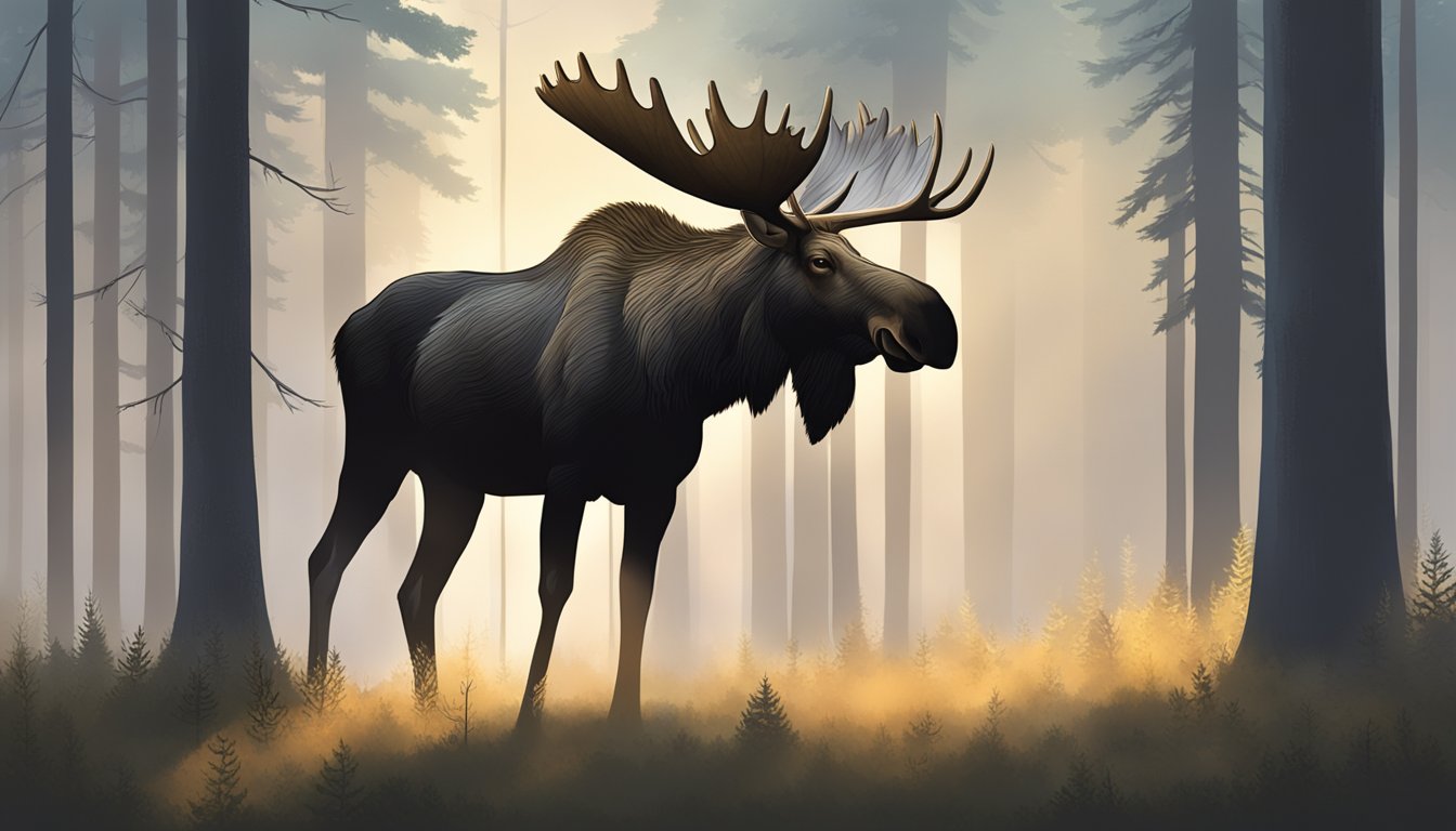 A moose standing in a forest clearing during the early morning, with mist rising from the ground and the sun just beginning to rise