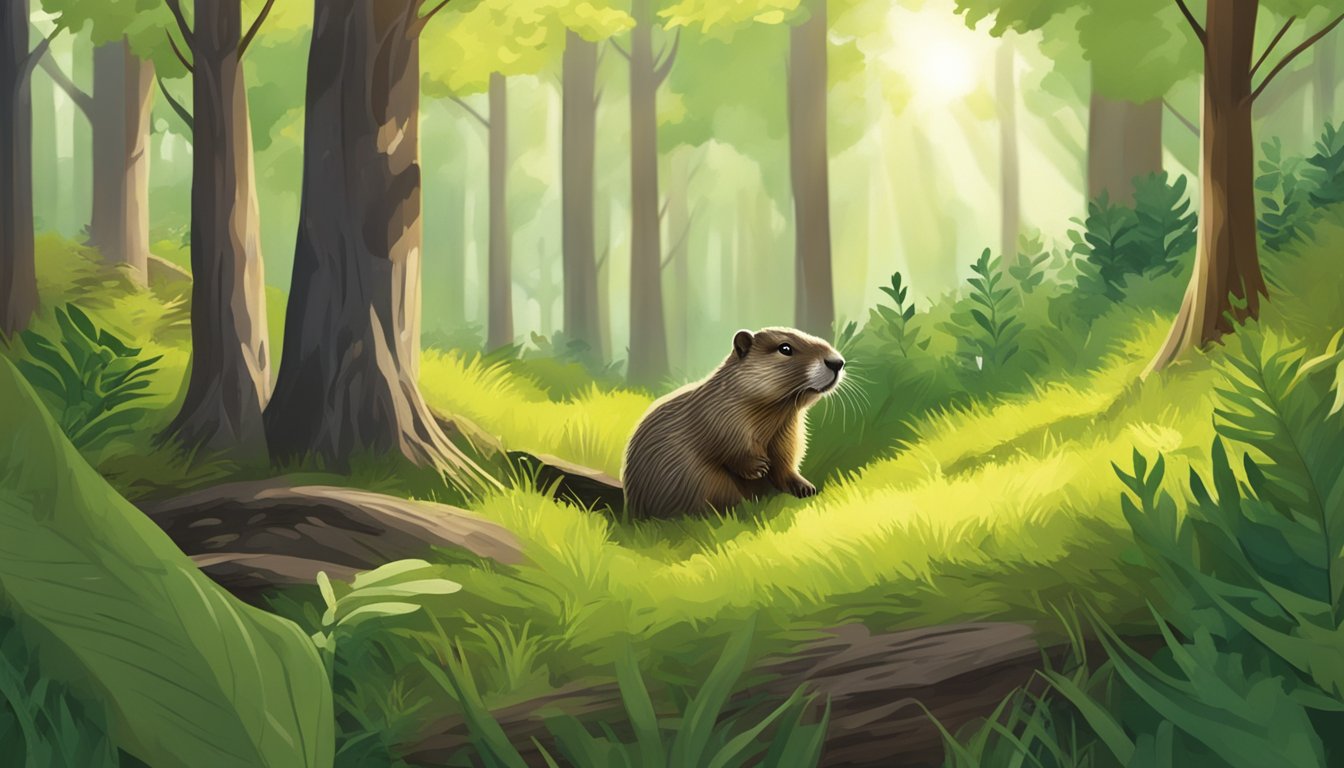 A sunny forest clearing with a burrow and fresh greenery, as a groundhog emerges cautiously