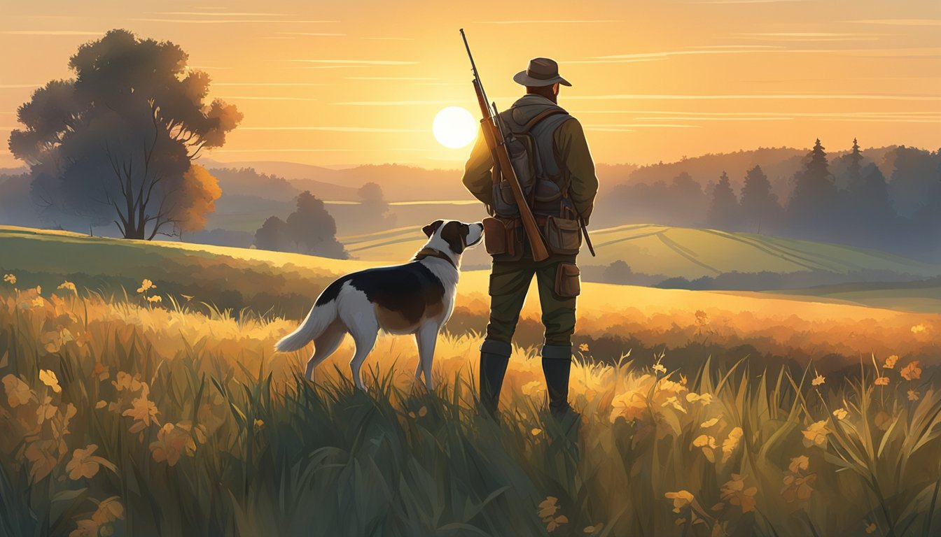 A clear, crisp morning in the countryside. A hunter and his dog stand ready, surrounded by fields and trees. The sun is just beginning to rise, casting a warm glow over the landscape