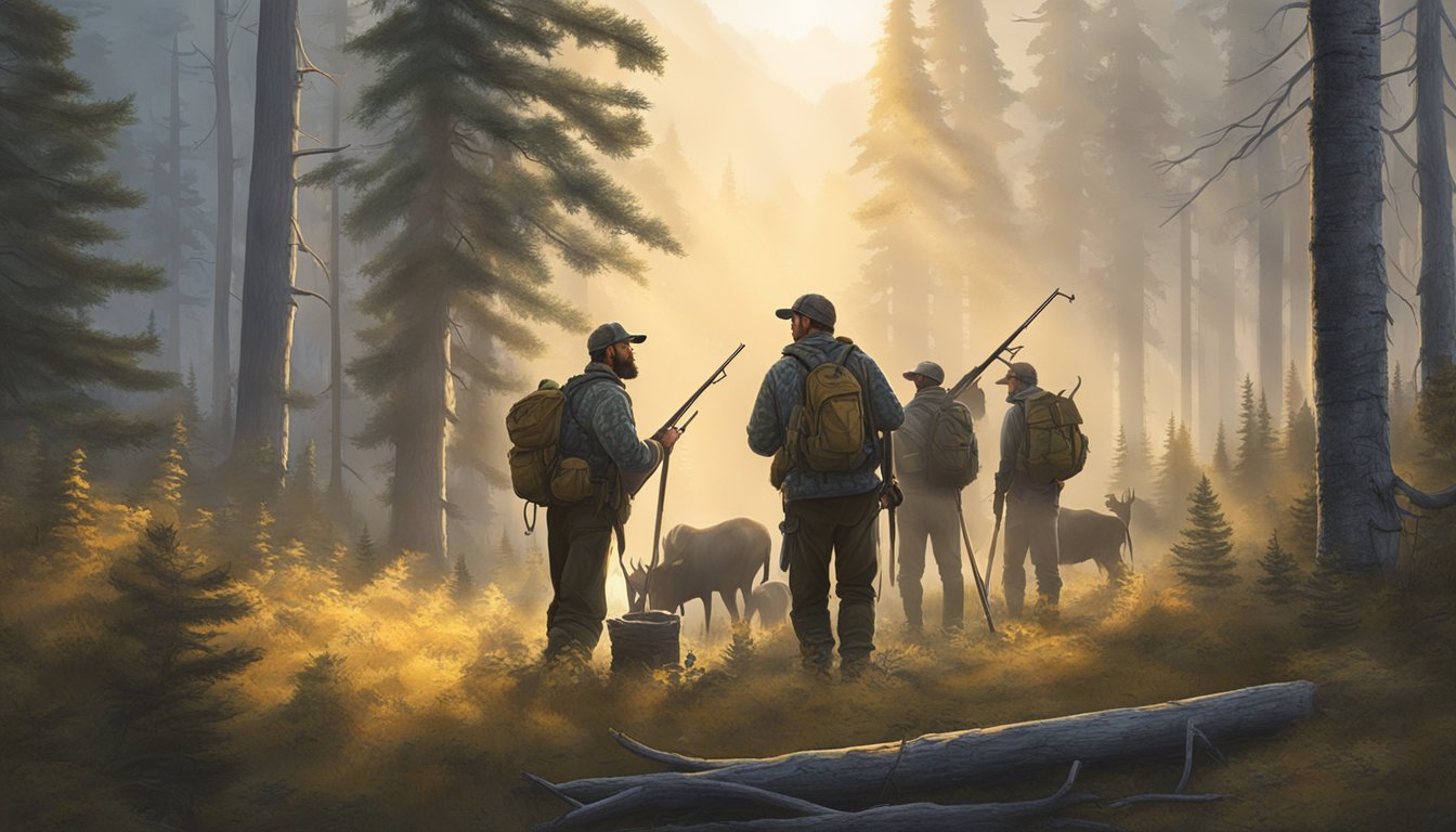 A misty morning in the dense forest, with the sun breaking through the trees, creating a golden glow. A group of moose hunters gather their gear and check their rifles before setting out