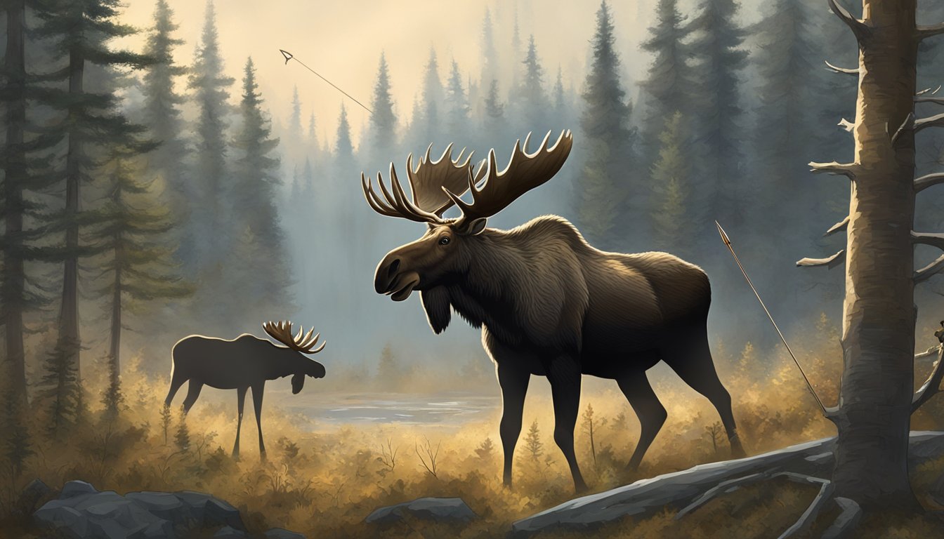 A moose standing in a clearing, surrounded by dense forest, as a hunter approaches with a bow and arrow, taking aim