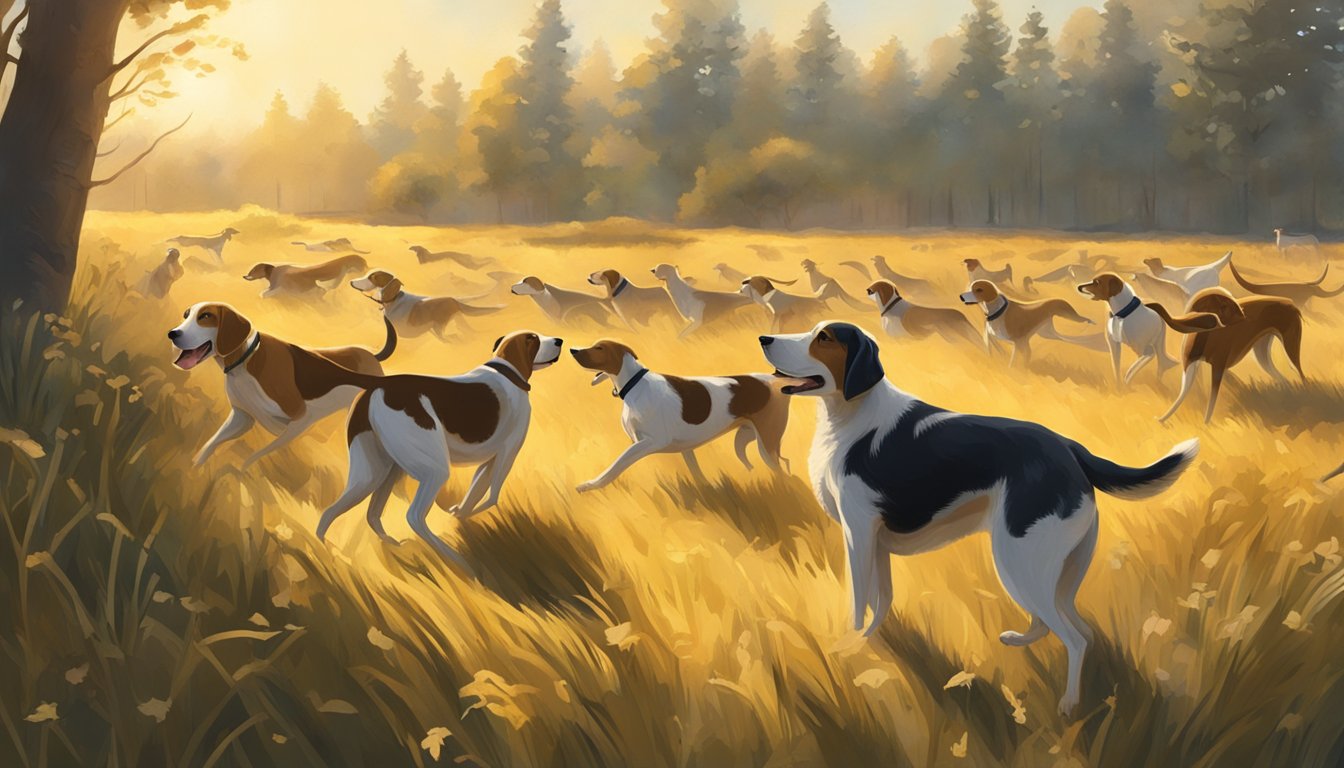 A lush, golden field bathed in warm sunlight, with a group of hounds eagerly sniffing the ground, ready for a hare hunt