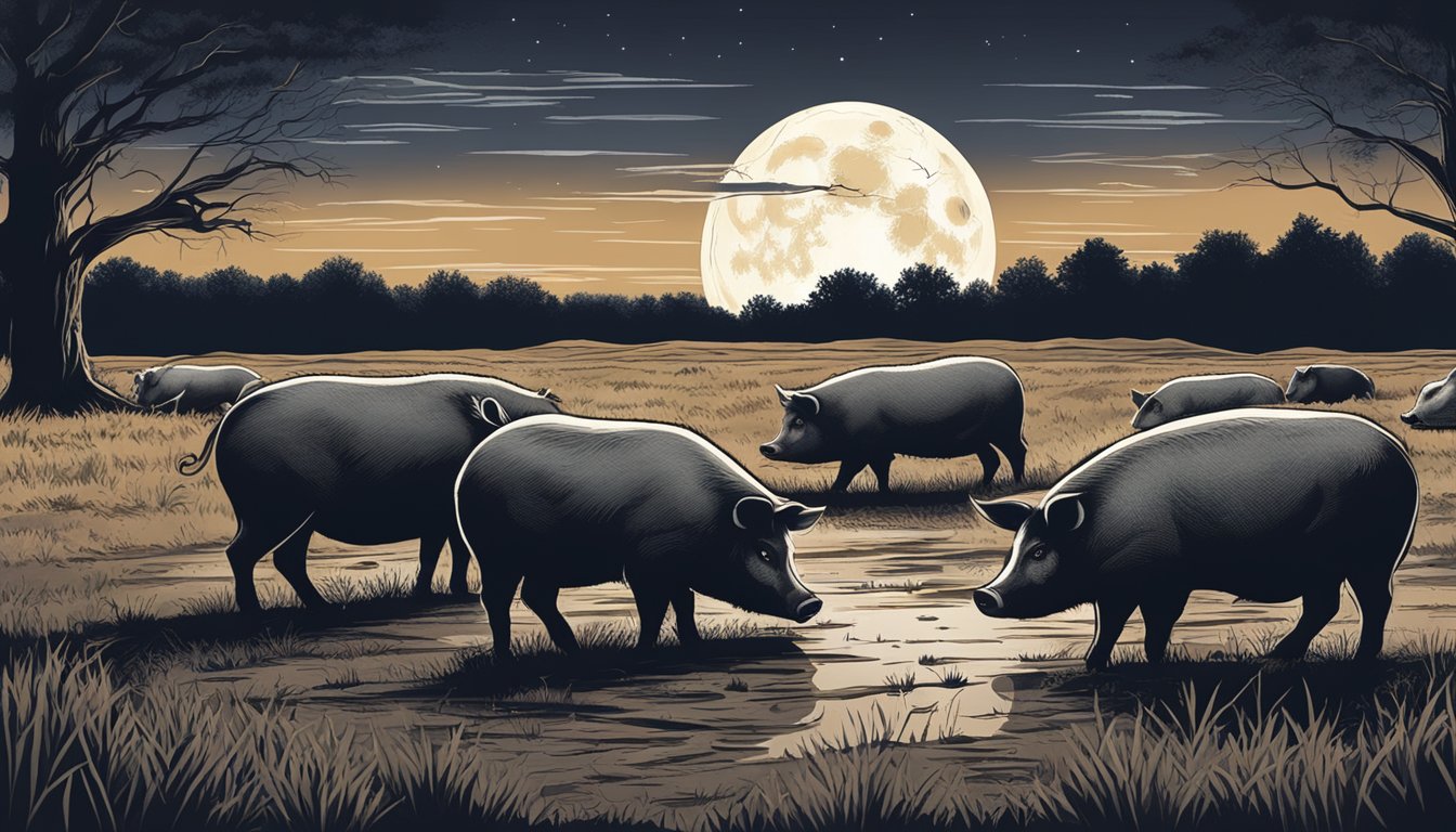 Hogs foraging in a muddy field under a full moon