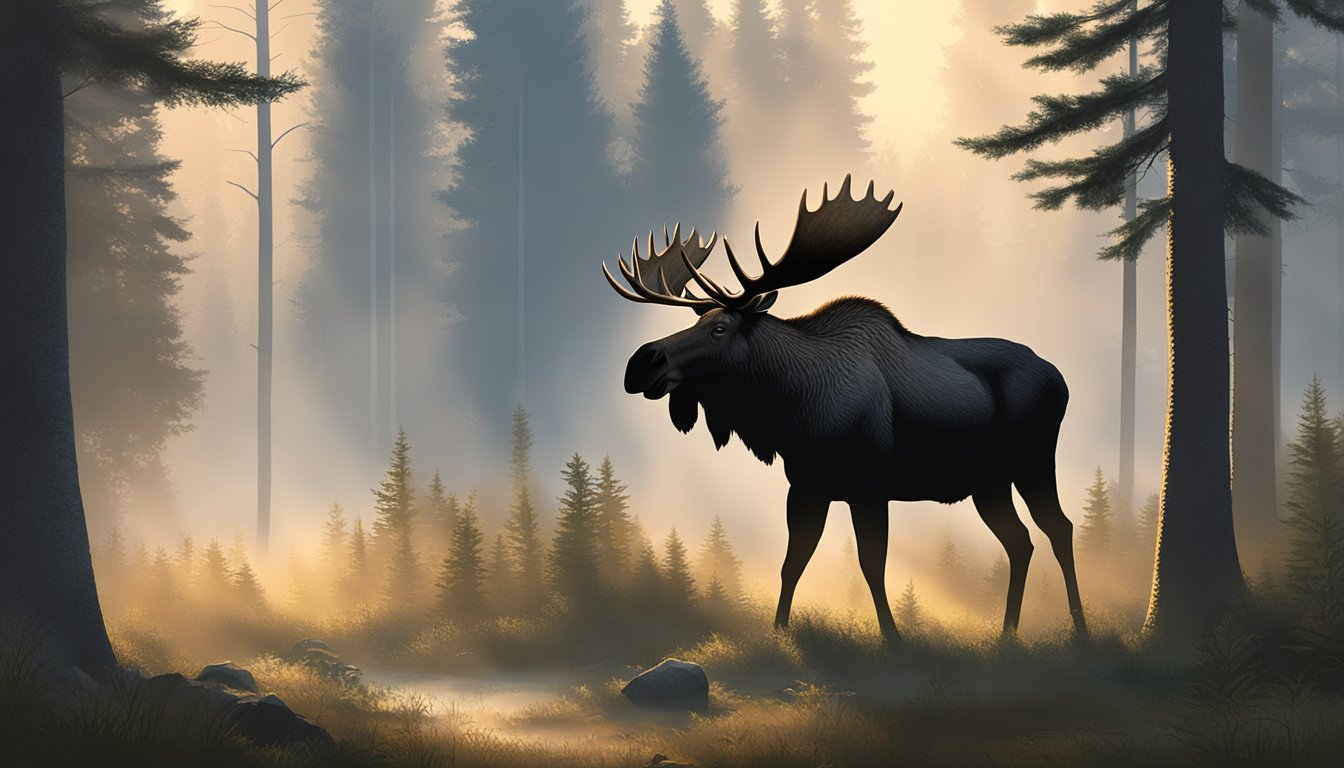 A misty morning in a dense forest, with a large moose standing alert in a clearing as the sun rises behind the trees