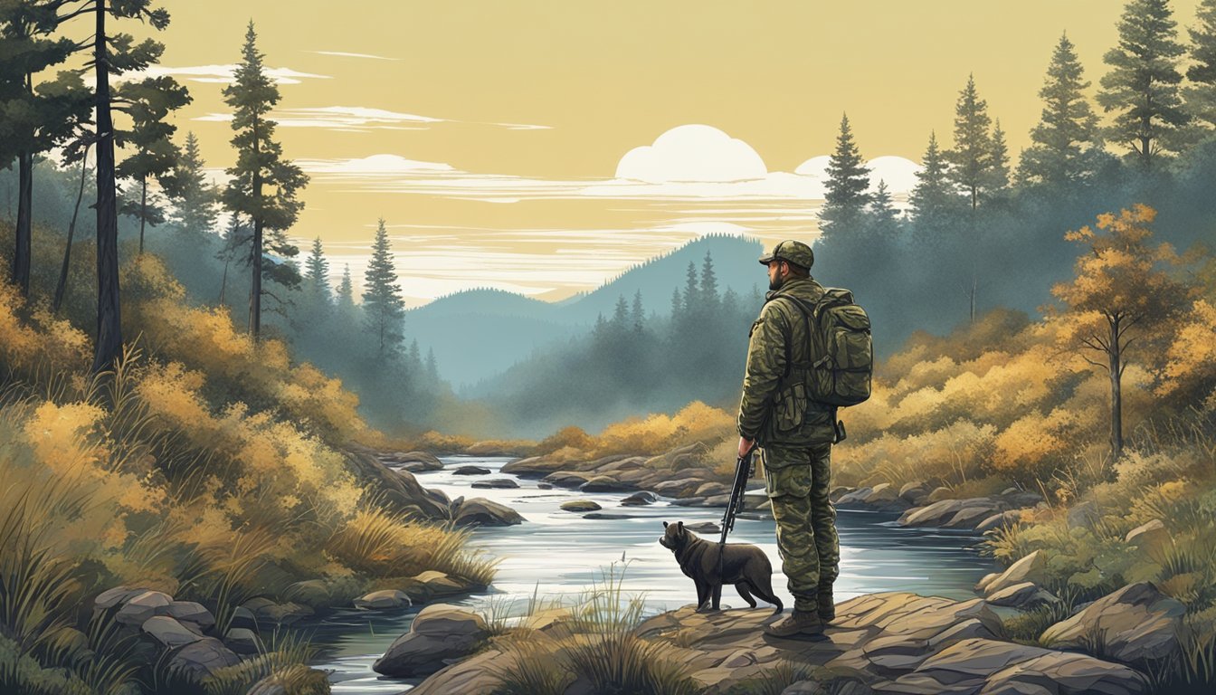 Rolling hills, dense forest, and a clear sky. A hunter in camouflage waits near a stream, rifle at the ready