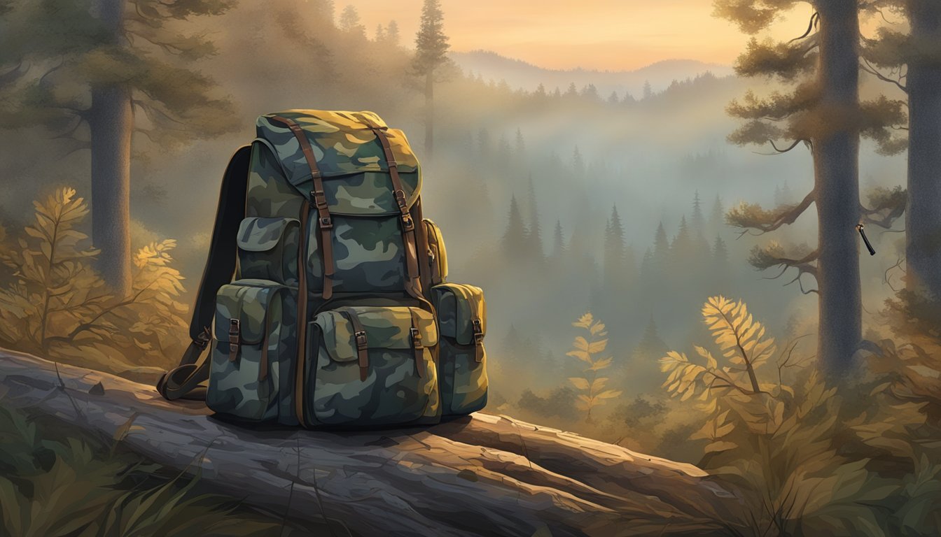 A hunter's backpack with rifle, knife, and camouflage gear, set against a backdrop of a misty forest at dawn