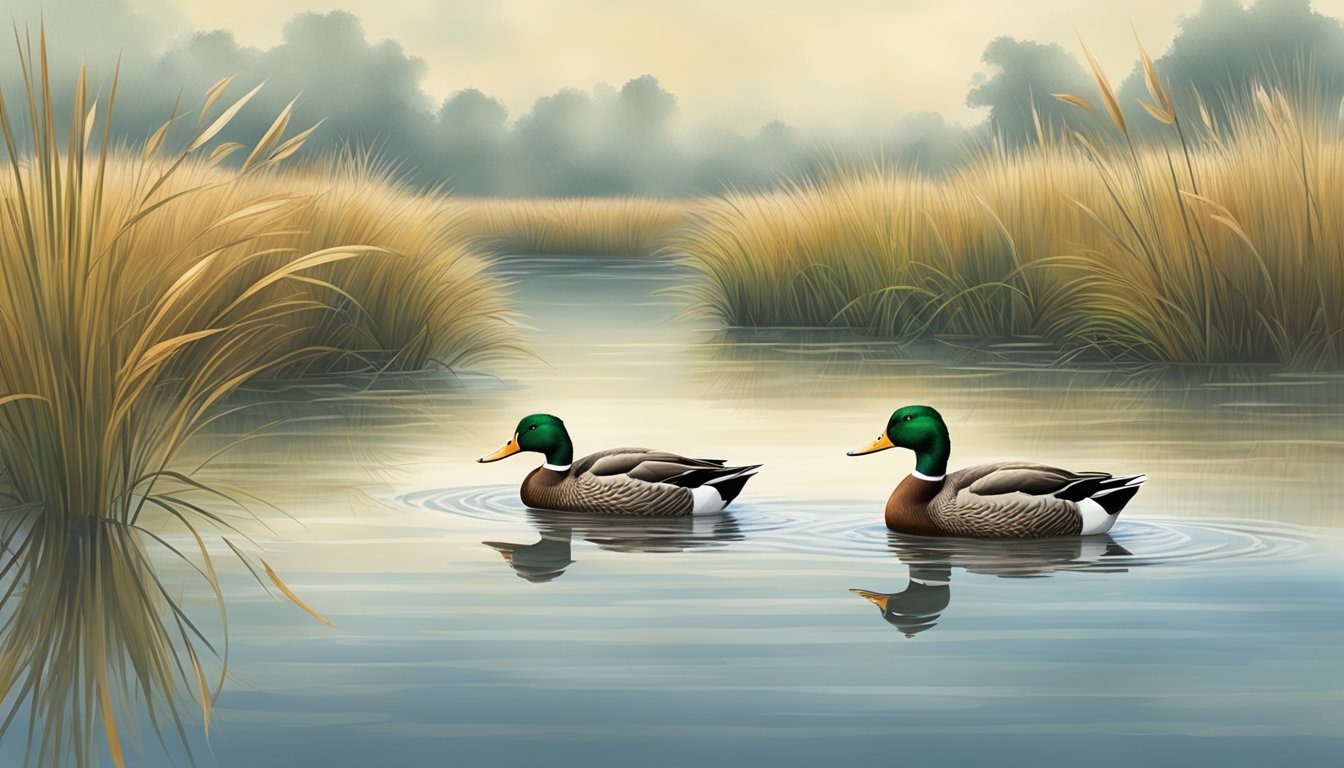 Mallards wading in a calm, shallow pond, surrounded by tall grasses and reeds. The sky is overcast, with a slight breeze rustling the water's surface