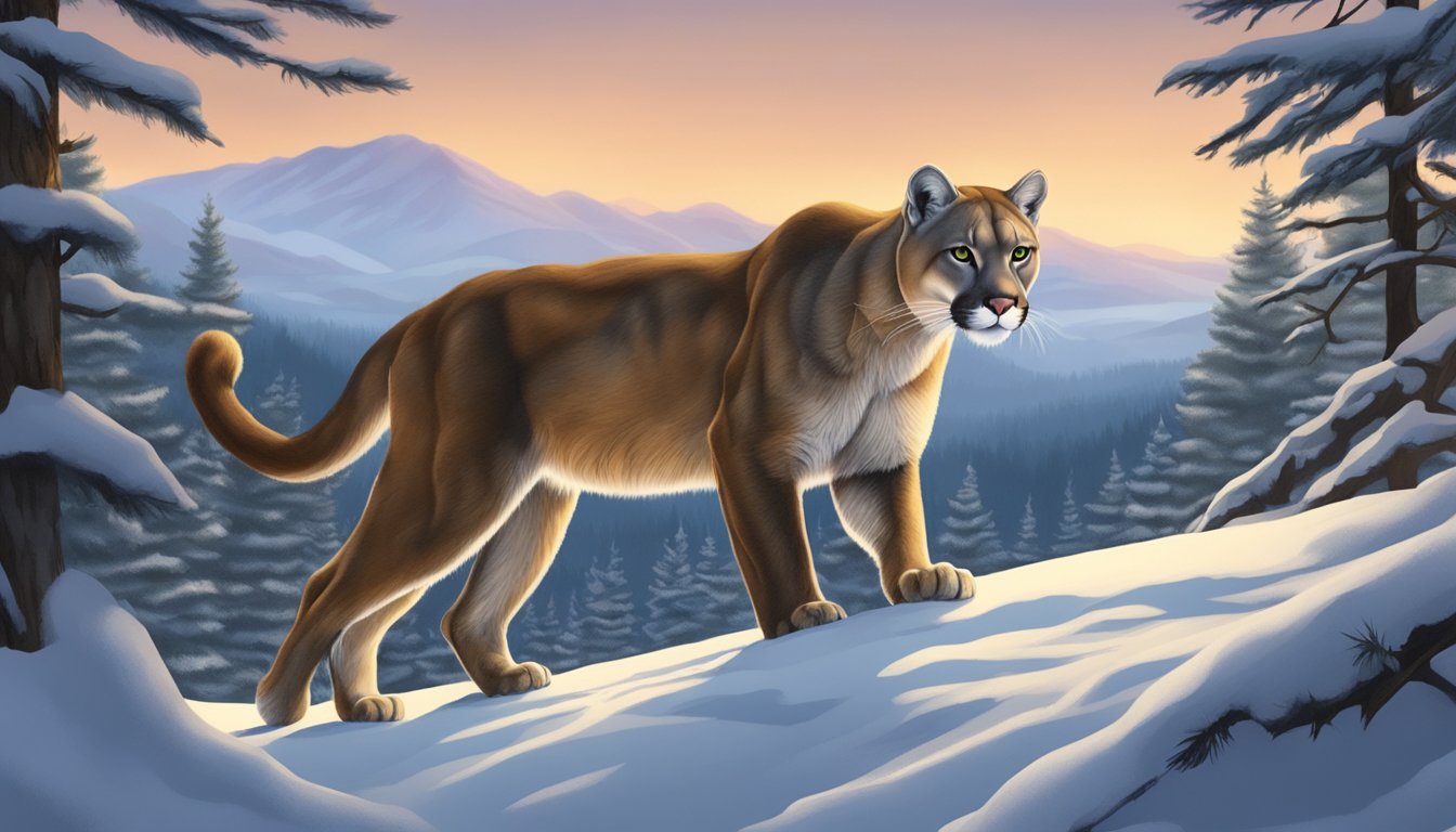 A mountain lion prowls through a snowy forest at dusk, its keen eyes scanning the landscape for prey