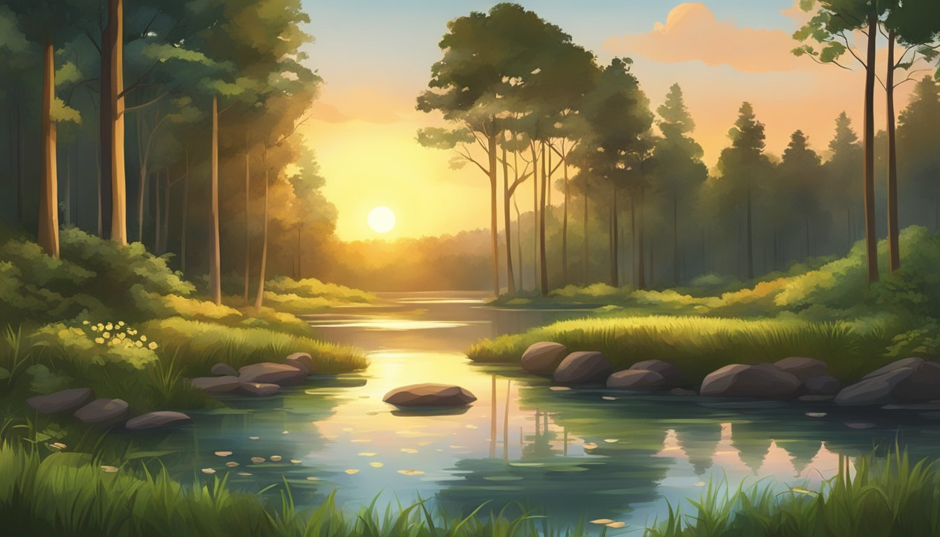 Sunset over a lush forest clearing, with a small pond and scattered food piles. A gentle breeze carries the scent of ripe fruit and fresh earth