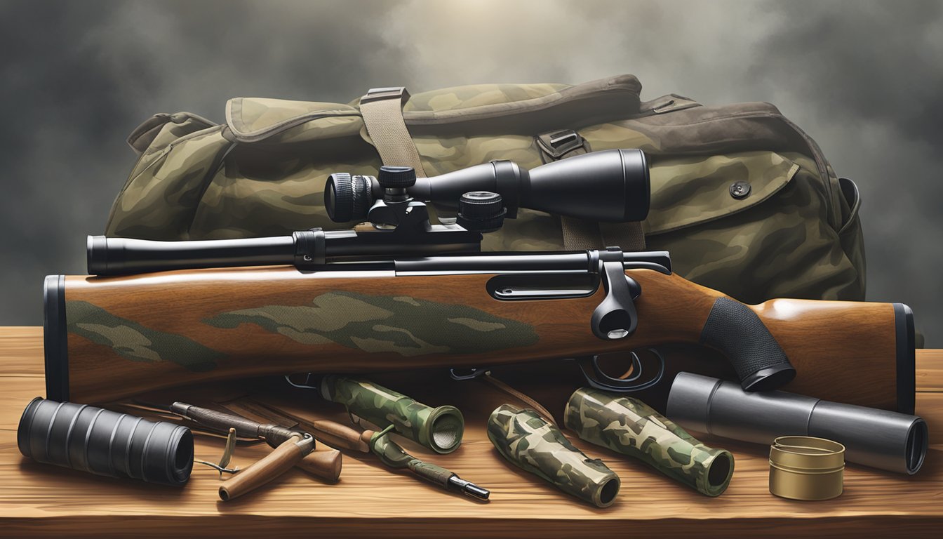 A hunter's gear laid out on a wooden table: shotgun, camouflage jacket, waders, duck calls, and decoys. Outside, a misty morning with a hint of sunlight breaking through the clouds