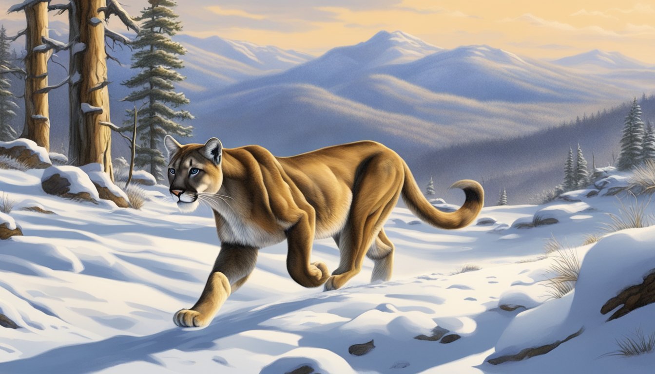 A mountain lion prowls through a rugged, snow-covered landscape as a hunter tracks its prints in the crisp, cold air