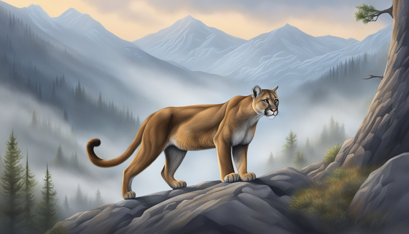 A mountain lion stalking prey under the cover of a misty, cool morning in the mountains