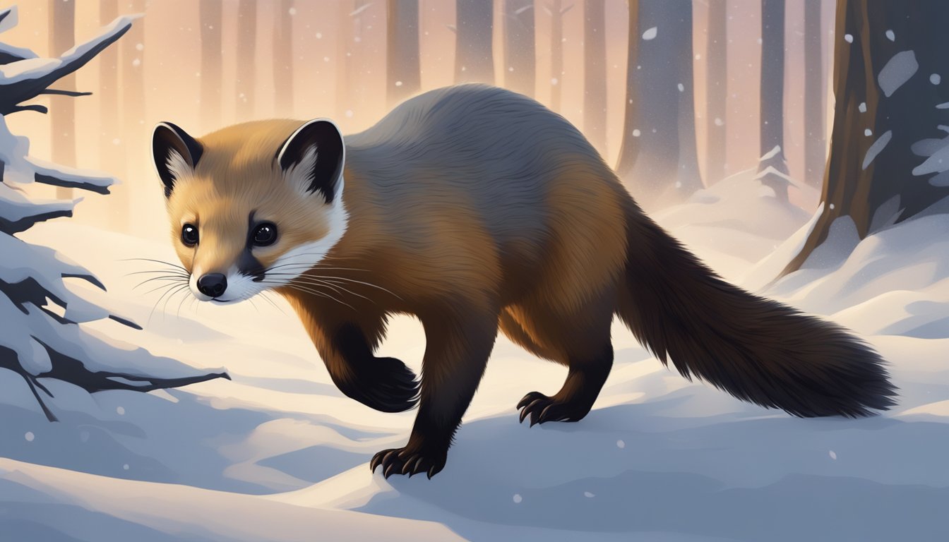 A marten swiftly hunts through a snowy forest at dusk, its keen senses alert in the crisp, cold air