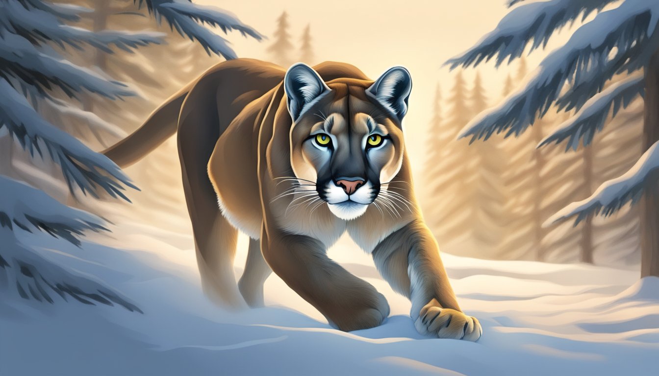 A mountain lion prowls through a snowy forest at dusk, its eyes fixed on a distant prey