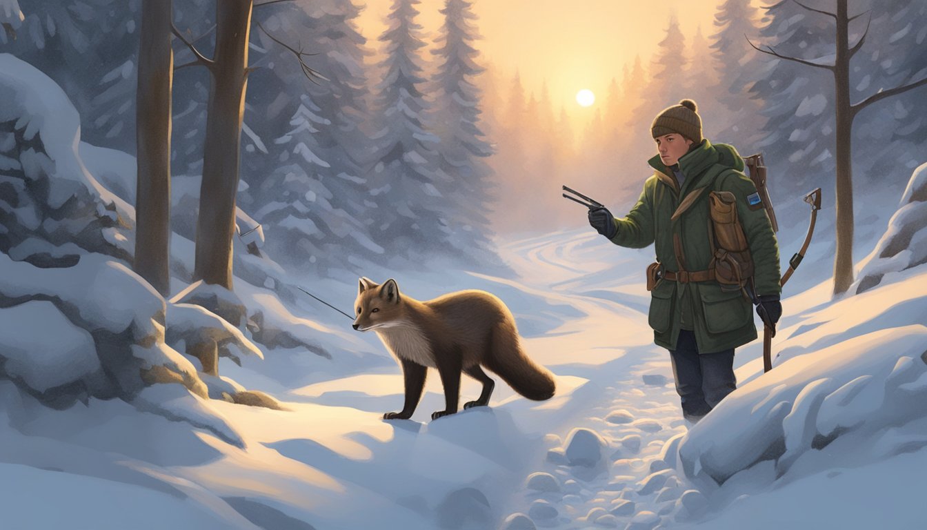 A snowy forest at dawn, with a hunter setting traps for marten