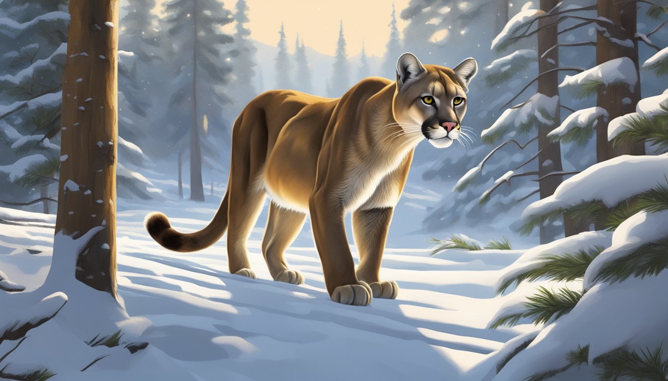 A mountain lion prowls through a snow-covered forest, its keen eyes scanning for prey in the early morning light