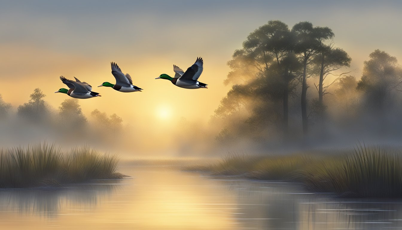 Mallards flying over a marsh at dawn, with mist rising and sunlight filtering through the trees