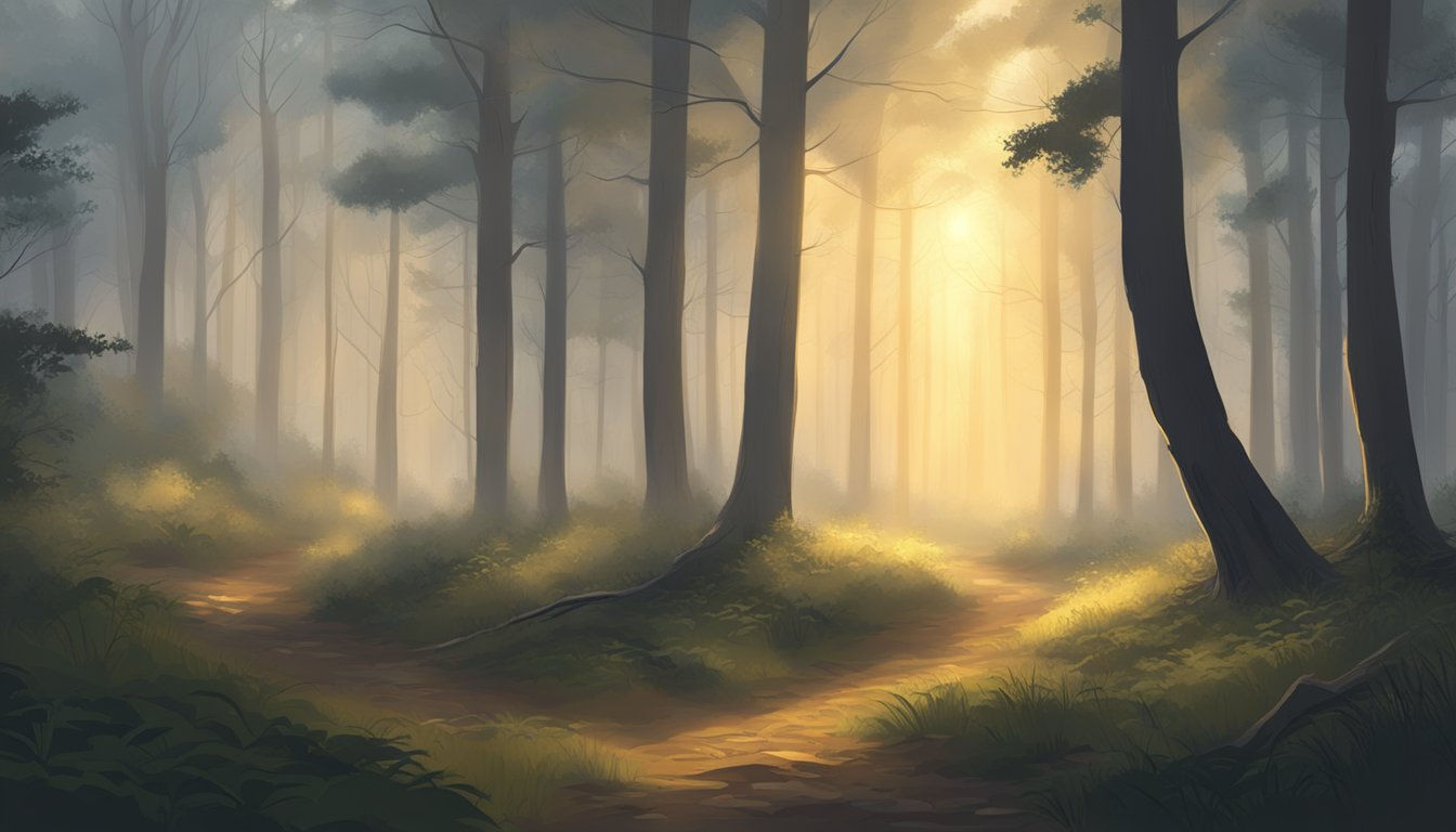 A misty forest clearing at dawn, with a sliver of sunlight breaking through the trees, casting a warm glow on the damp earth