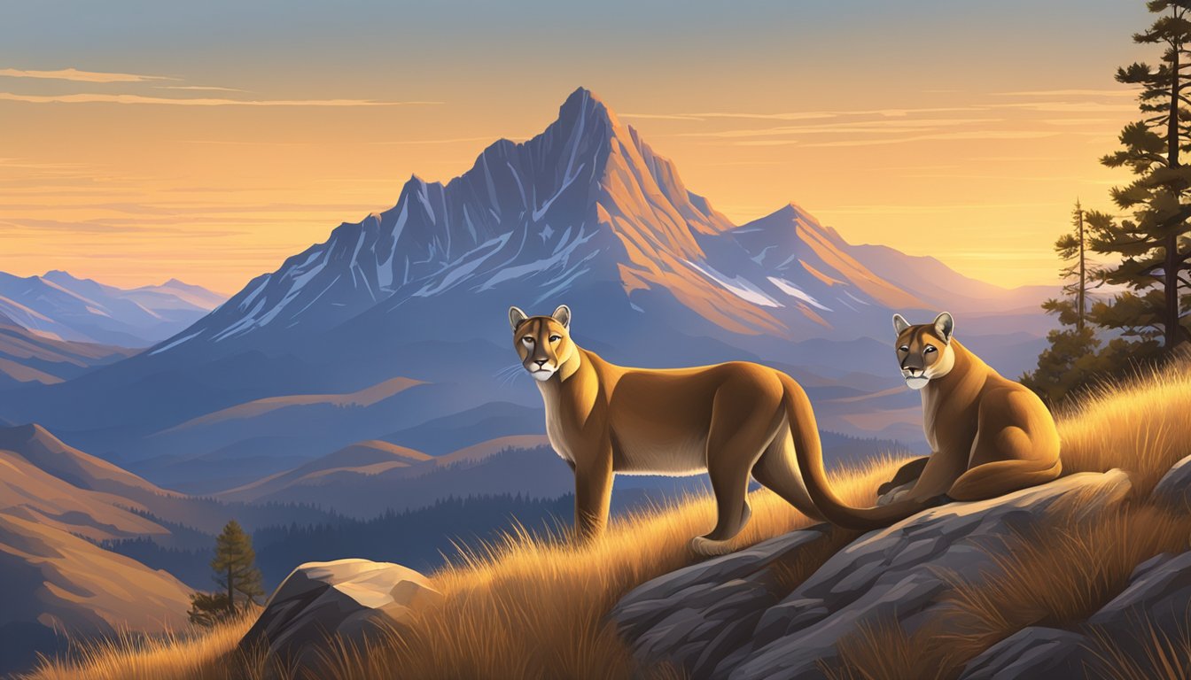 A rugged mountain landscape with clear skies and a golden sunset, showcasing the ideal weather for mountain lion hunting