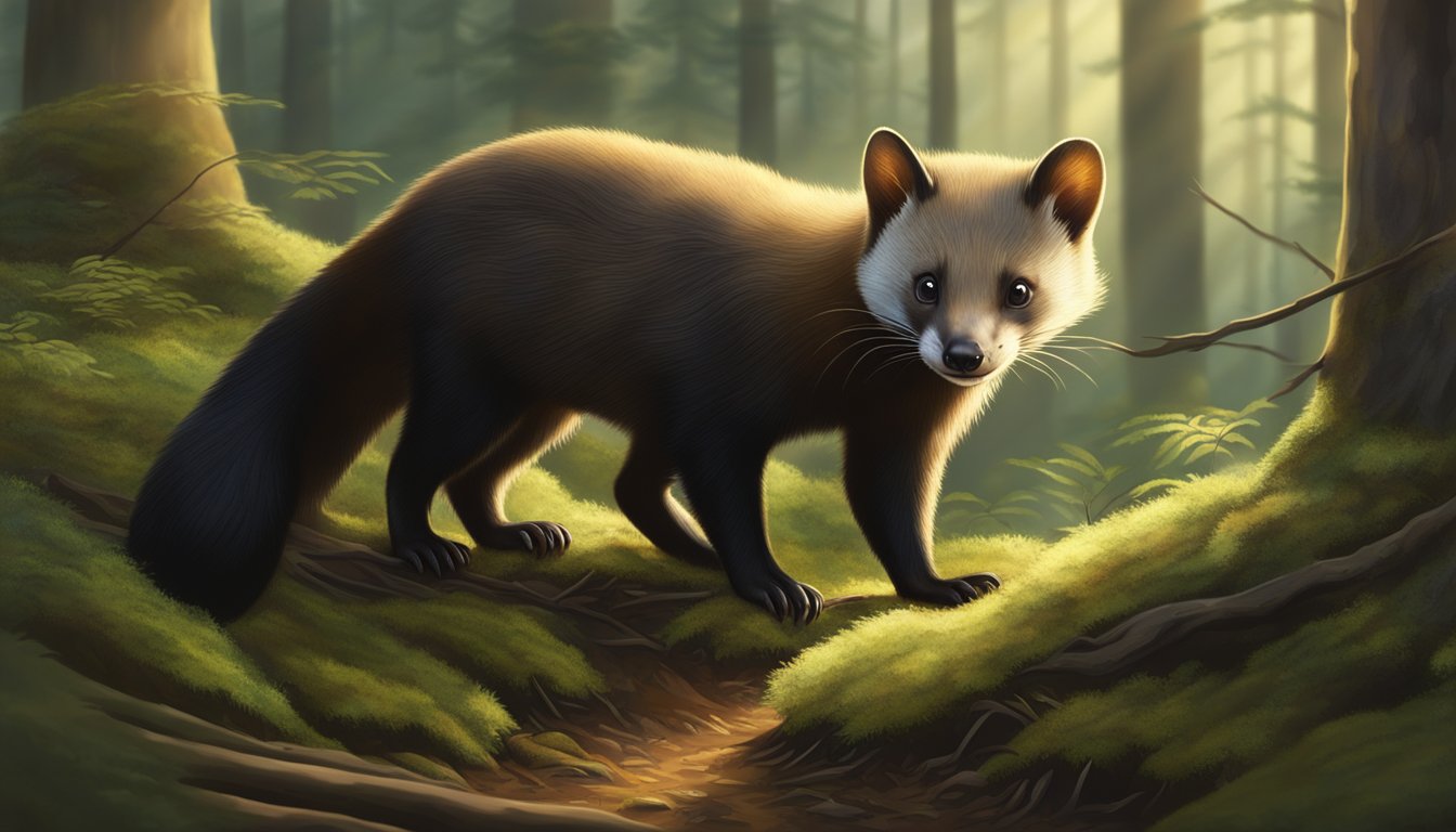 A dense forest at dawn, with soft sunlight filtering through the trees, casting a warm glow on the moss-covered ground. A marten stealthily moves through the underbrush, its keen eyes scanning for prey