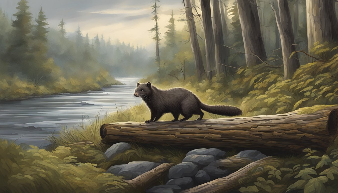 Mink hunting scene: Dense forest with a winding river, overcast sky, and a mink peeking out from beneath a fallen log