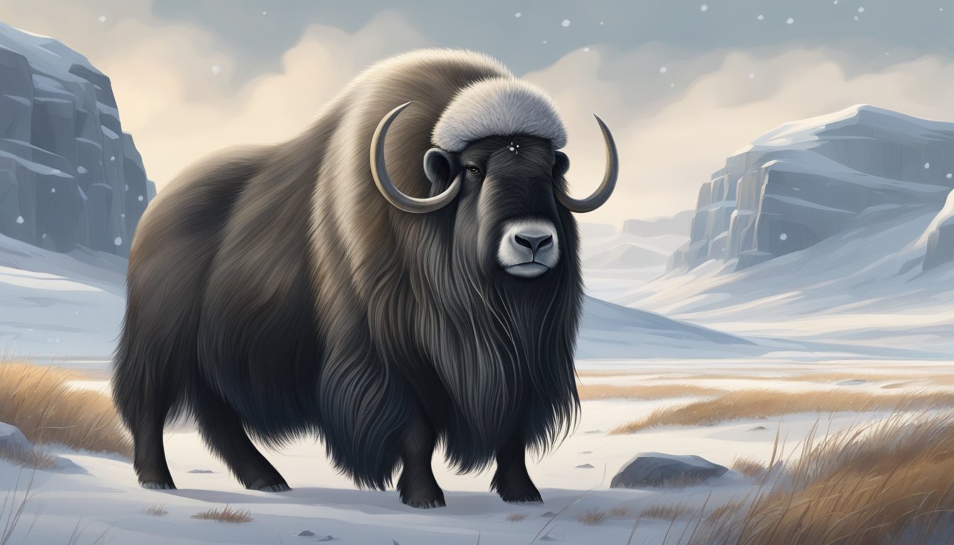 A muskox stands on a snowy tundra, surrounded by rocky outcrops and sparse vegetation. The sky is overcast, with light snow falling