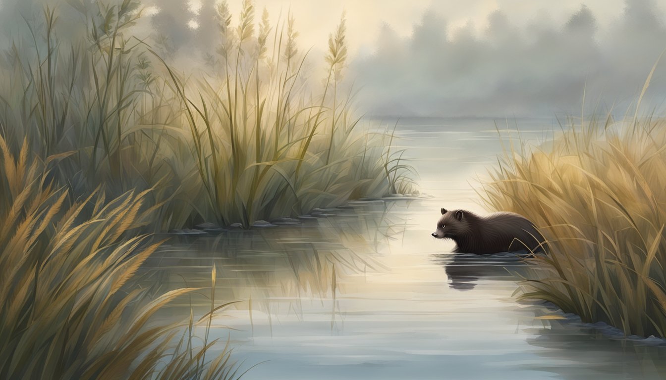 A foggy morning in a marshland, with tall grasses and a small stream. A mink is seen hunting near the water's edge