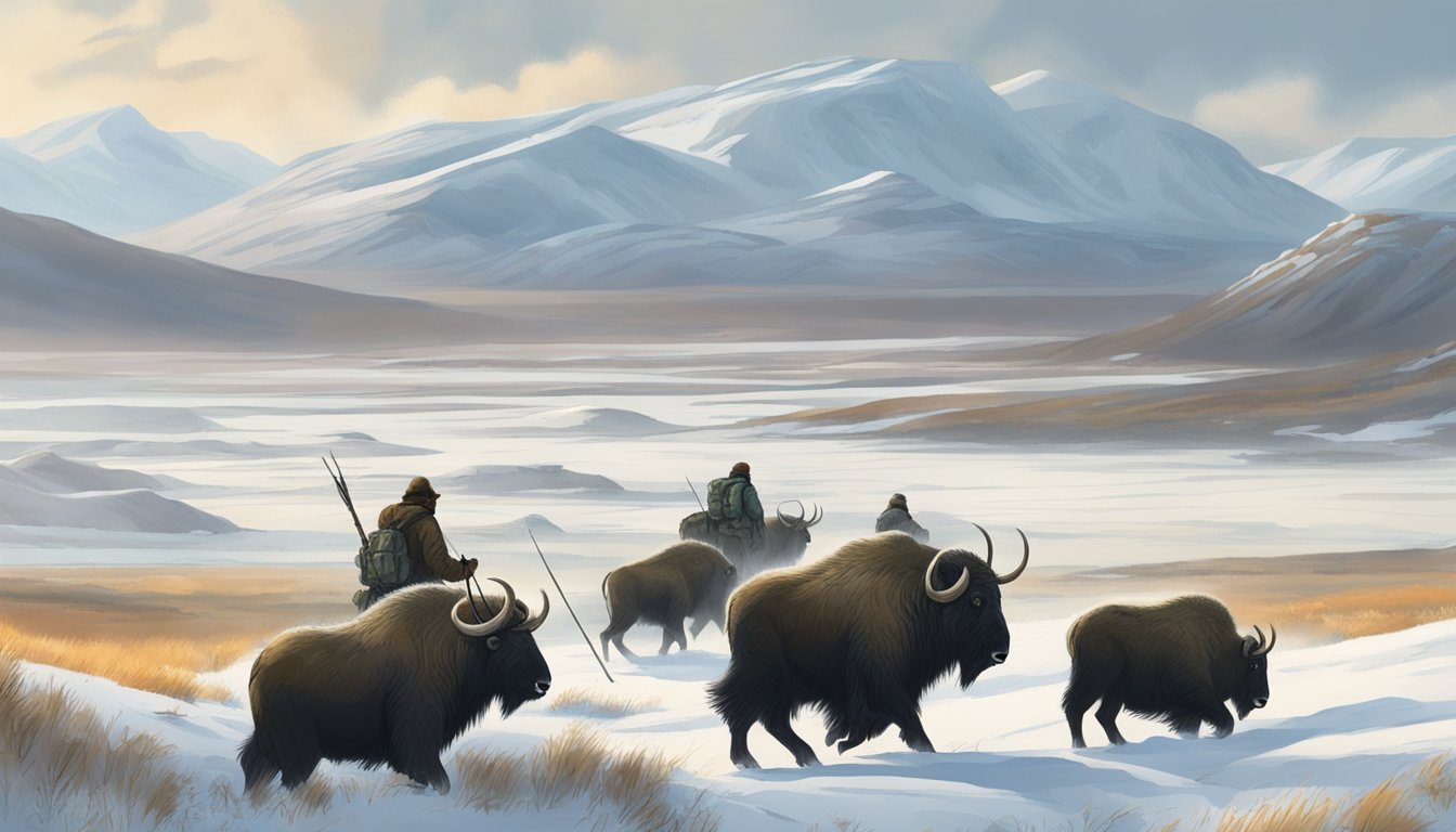 A group of hunters trek through a snowy tundra, bundled up against the biting cold, their breath visible in the crisp air. The landscape is dotted with rocky outcroppings and patches of scrub, and in the distance, a herd of muskoxen can be seen grazing