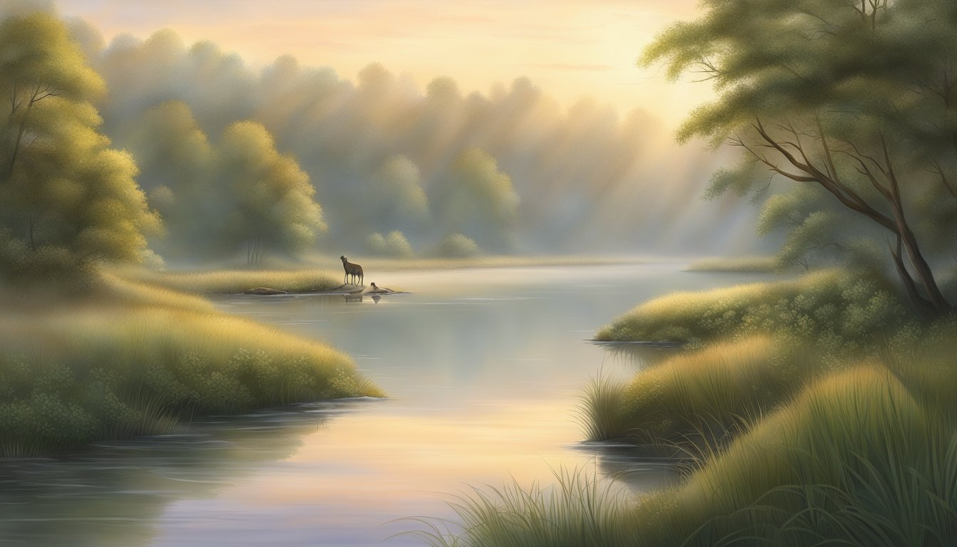 A misty dawn over a tranquil river, with lush greenery and a hint of fog, sets the perfect scene for mink hunting