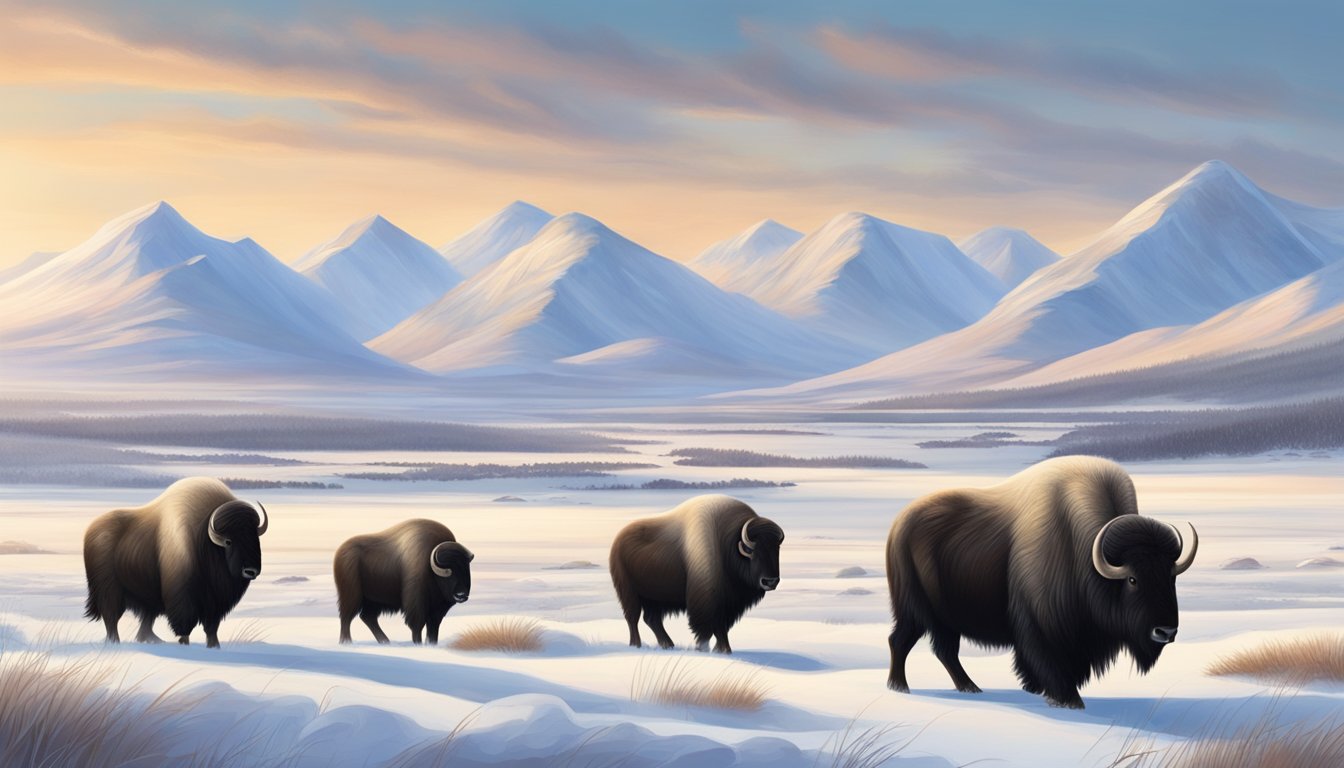 A cold, clear morning with snow-covered tundra and distant mountains, as a small group of muskoxen graze peacefully