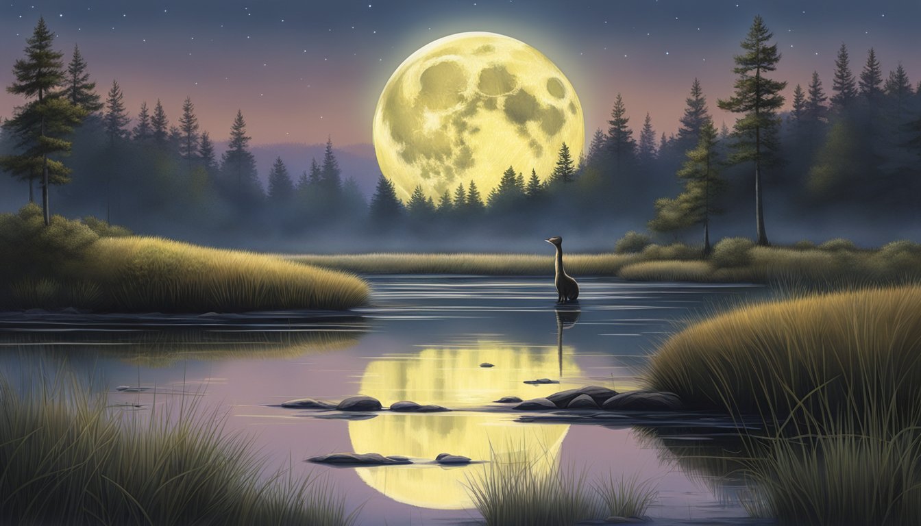 A full moon illuminates a tranquil marsh as a mink stealthily stalks its prey, guided by lunar influences