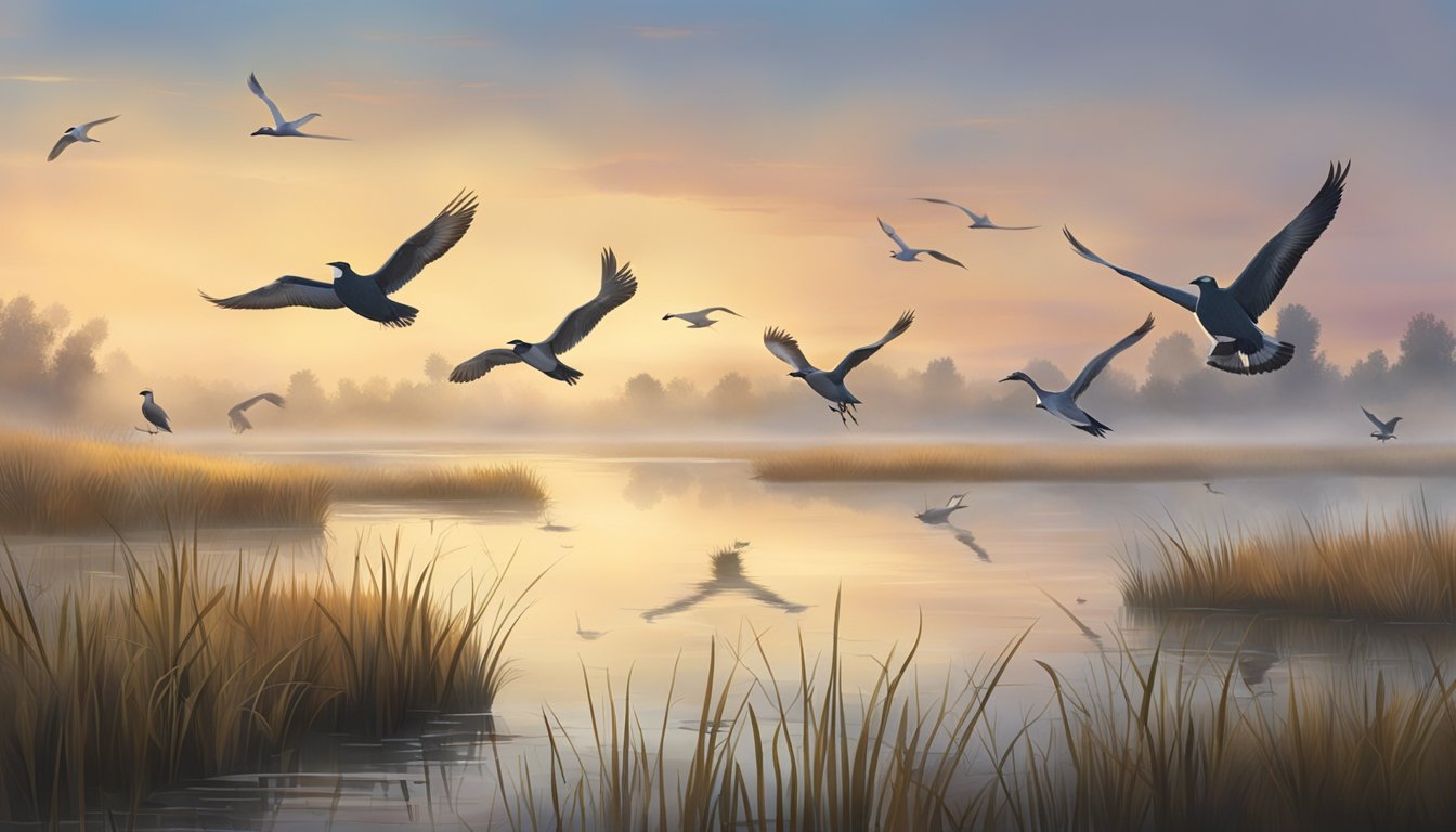 Migratory birds flying over a calm, misty marsh at sunrise