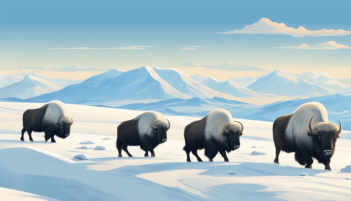 A snowy tundra with distant mountains, under a clear blue sky. A small group of muskoxen graze peacefully