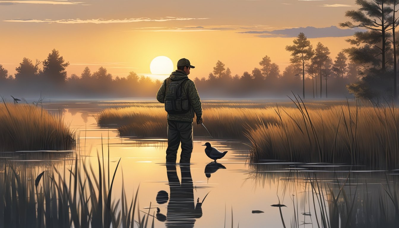 A hunter setting up decoys in a marsh on a clear, crisp morning, with a slight breeze and the sun just beginning to rise