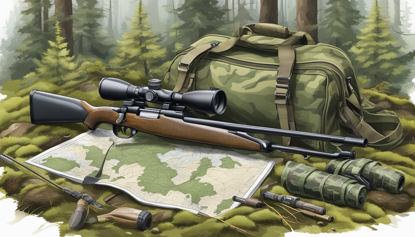 A hunter's gear laid out on a mossy forest floor, with a rifle, camouflage clothing, and a map spread out for mink hunting