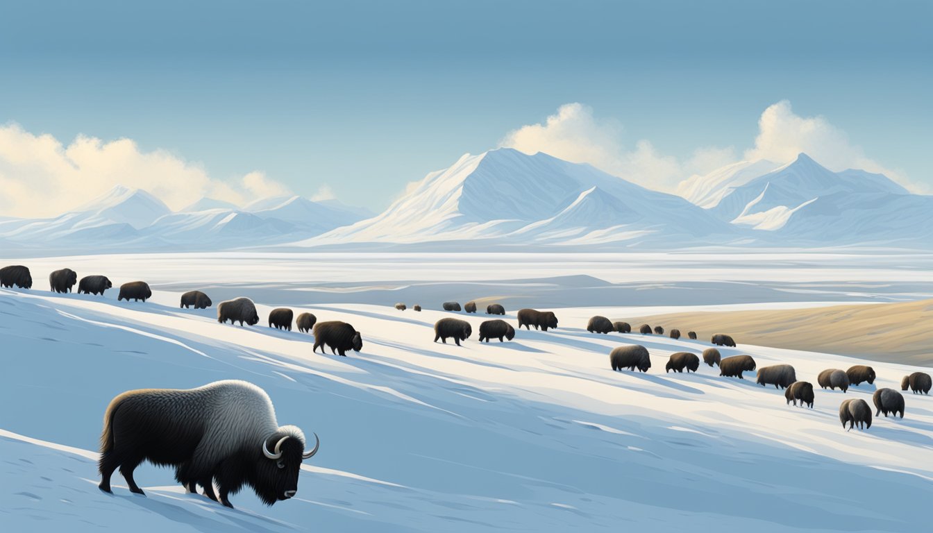 A vast, snowy tundra with a herd of muskoxen grazing under a clear blue sky