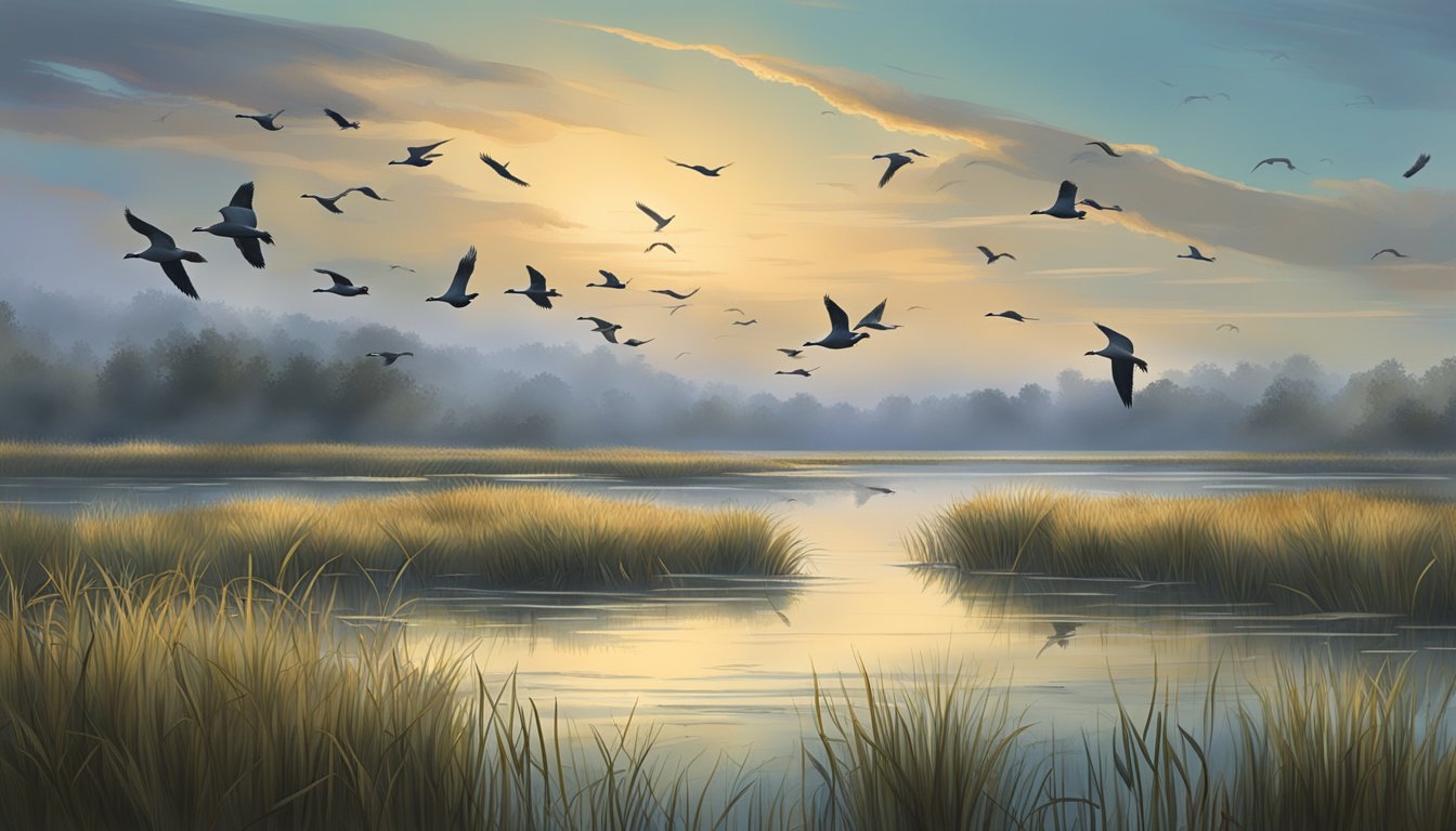 Migratory birds flying over wetlands in the early morning light