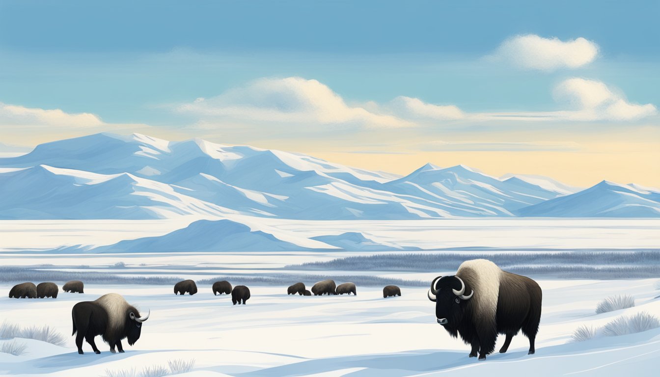 A snowy plain with muskoxen grazing under a clear blue sky