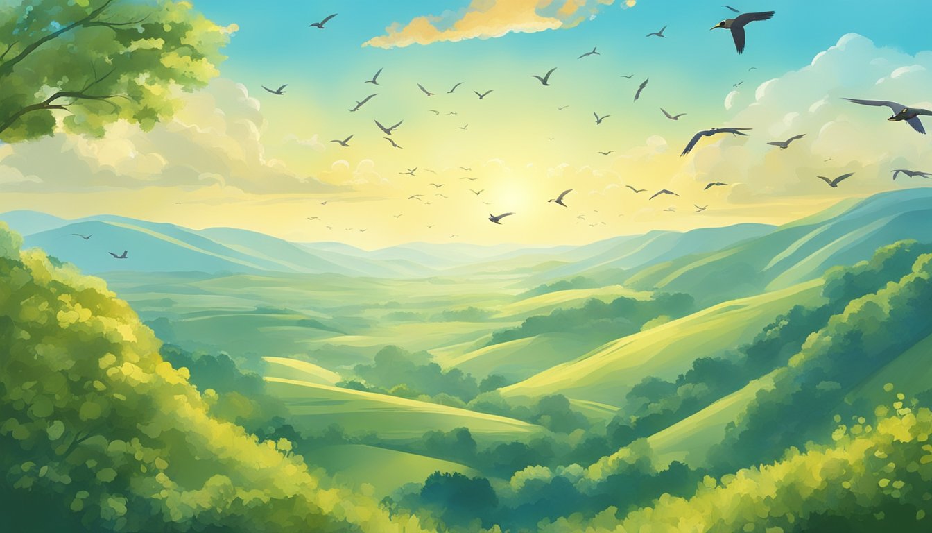 Migratory birds soar over a lush, peaceful landscape under a clear blue sky, with gentle winds and abundant sunlight