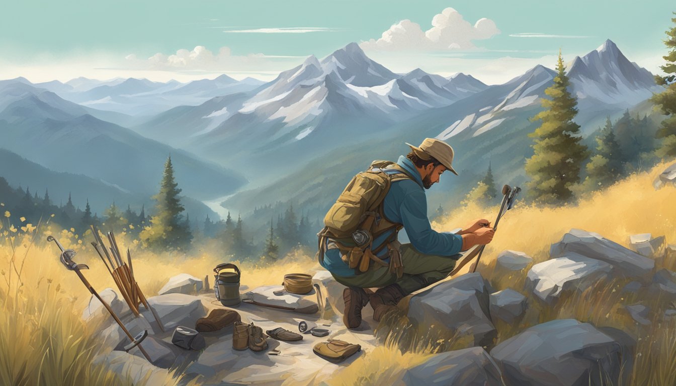 A mountainous landscape with clear skies, cool temperatures, and a gentle breeze. A hunter is seen sharpening their tools and checking their gear