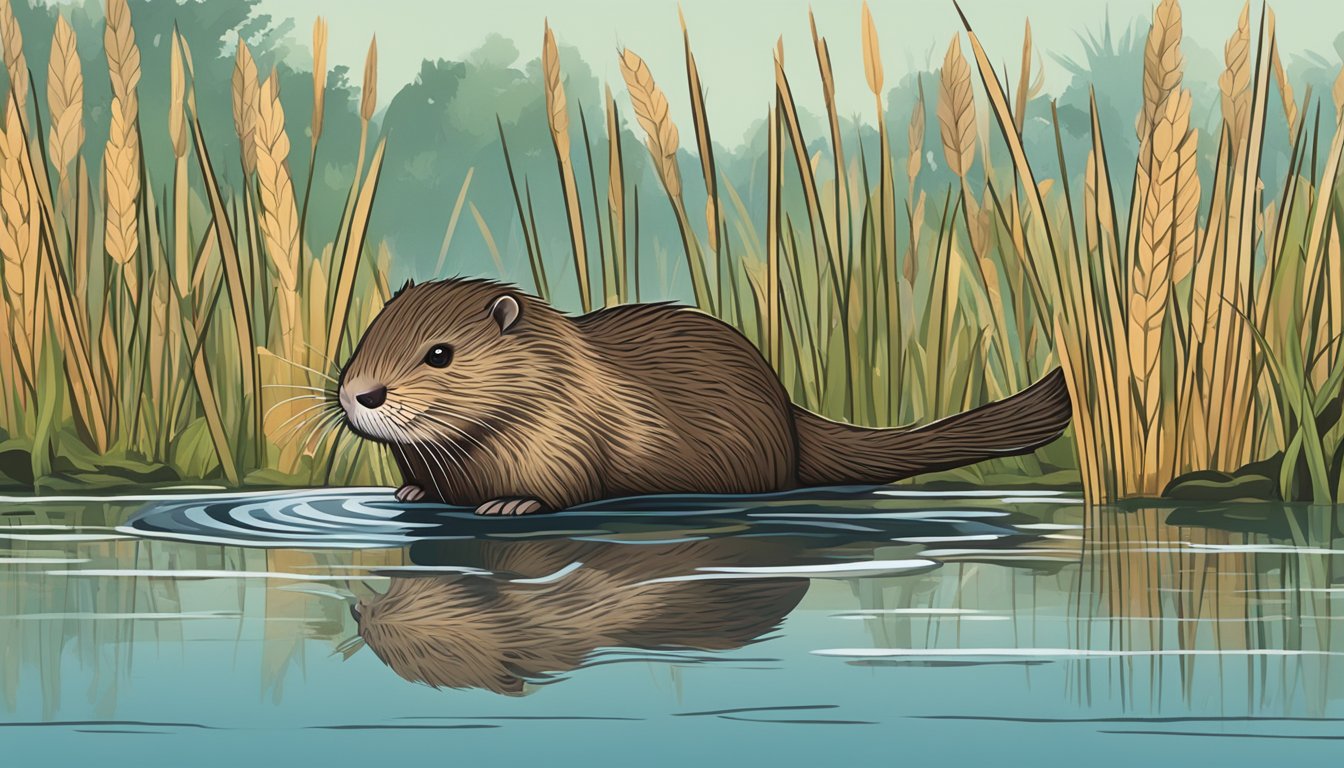 A muskrat swimming in a calm, marshy wetland on a sunny day, with cattails and reeds surrounding the water's edge