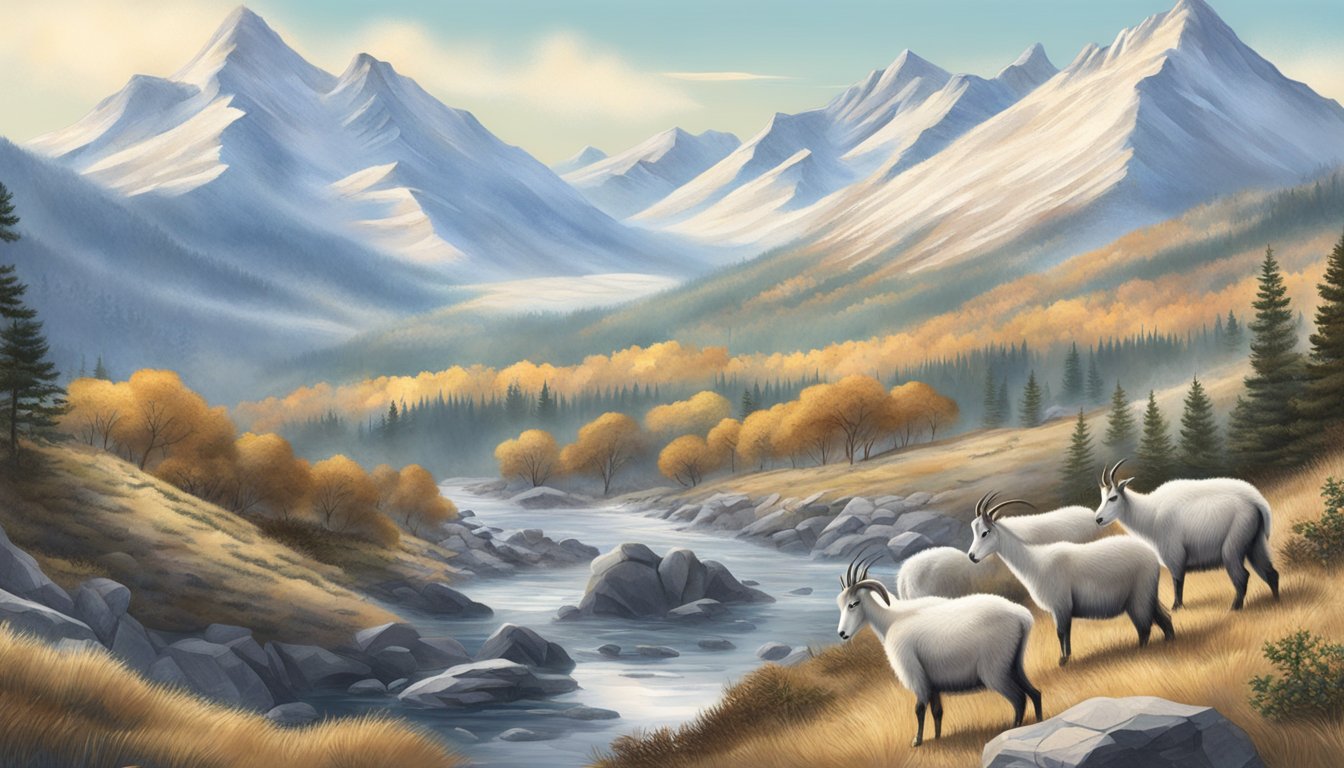 A mountainous landscape with clear skies and a light dusting of snow, showcasing the natural habitat of mountain goats