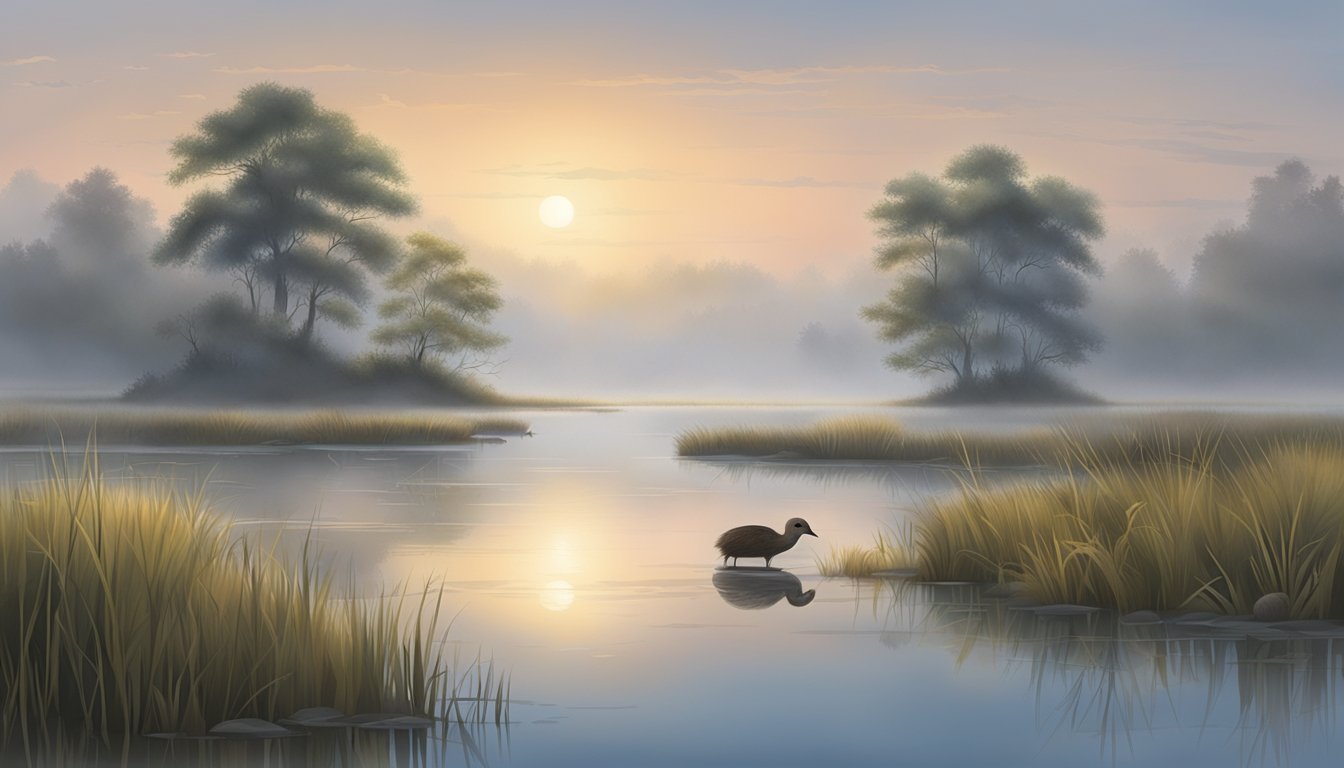 A misty dawn over a tranquil marsh, with muskrats emerging from their dens to forage in the calm water