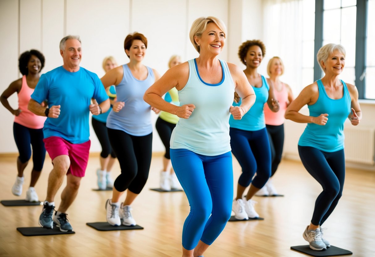 A group of people of varying ages and body types are engaged in low-impact aerobics, led by an instructor in a brightly lit studio. The participants are smiling and appear to be enjoying the exercise