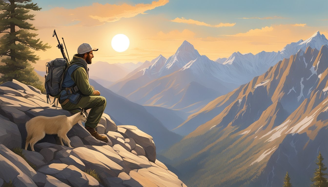 A lone hunter crouches on a rocky ledge, scanning the rugged mountain terrain for elusive mountain goats. The sky is clear, the air crisp, and the sun casts a warm glow over the jagged peaks