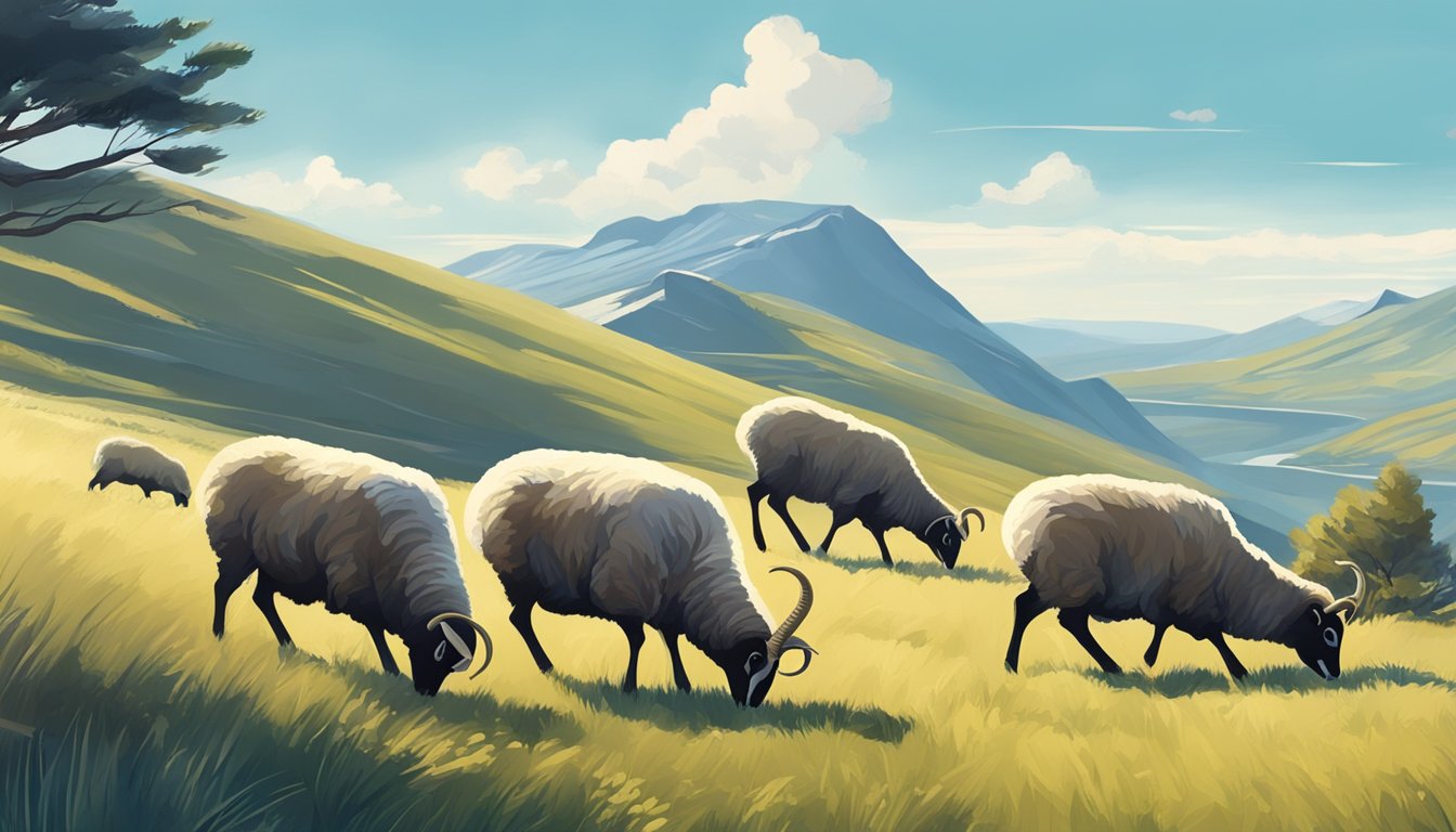 Mouflon sheep grazing on a grassy hillside under a clear blue sky, with a gentle breeze blowing through the landscape